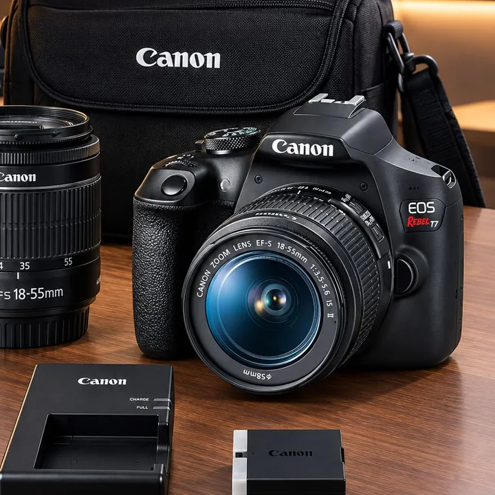 Câmera DSLR Canon com lentes e acessórios